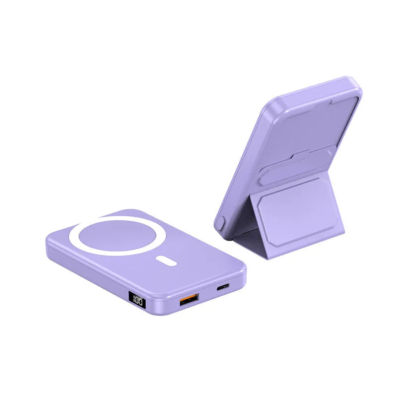 Magnetic wireless charging power bank with folding stand open, showing colour options.