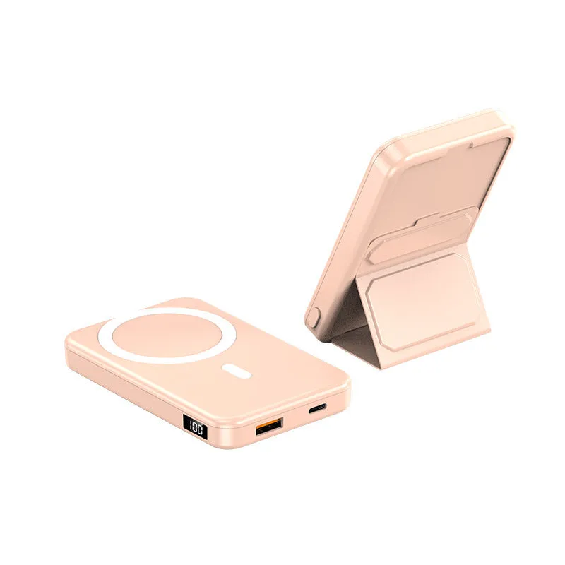 Magnetic wireless charging power bank with folding stand open, showing colour options.