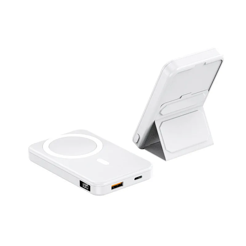 Magnetic wireless charging power bank with folding stand open, showing colour options.