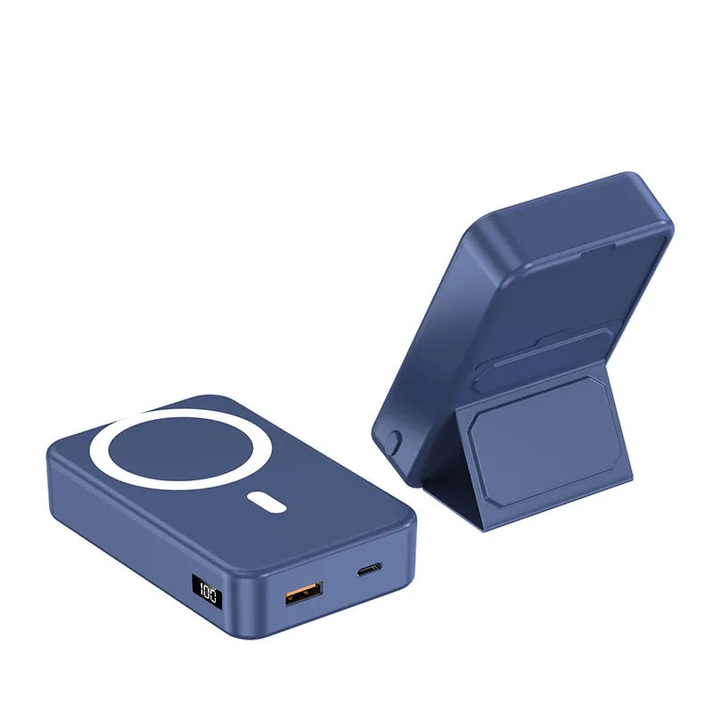 Magnetic wireless charging power bank with folding stand open, showing colour options.