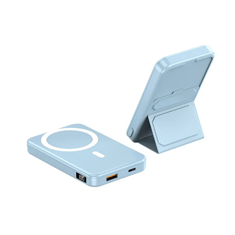 Magnetic wireless charging power bank with folding stand open, showing colour options.
