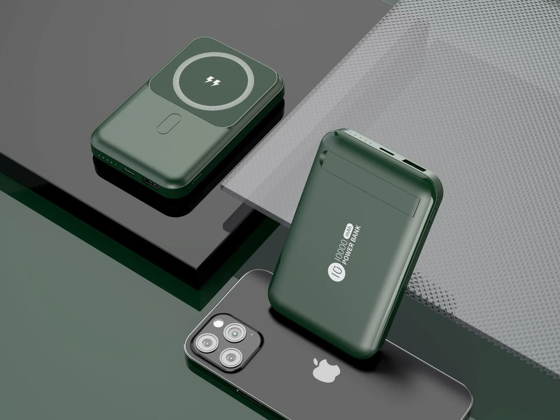Magnetic wireless charging power bank with folding stand open, showing colour options.