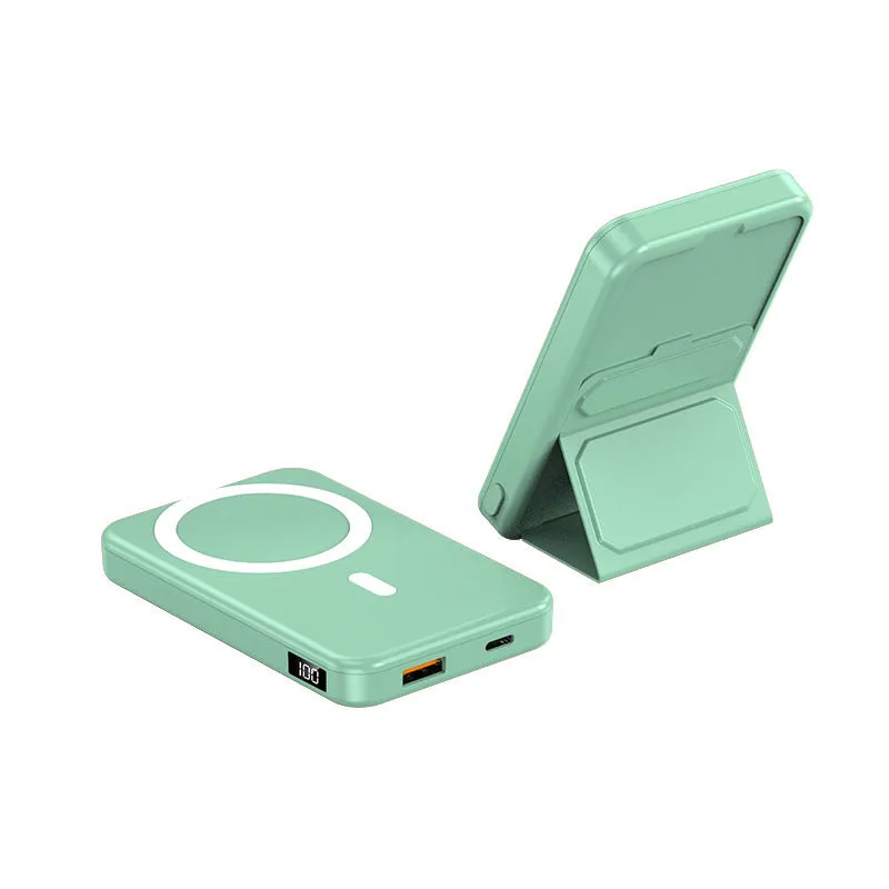 Magnetic wireless charging power bank with folding stand open, showing colour options.