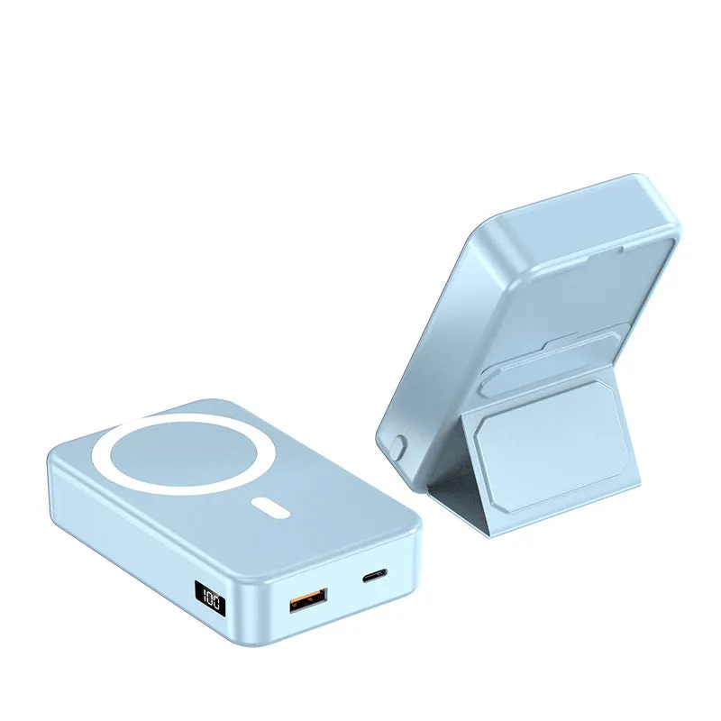 Magnetic wireless charging power bank with folding stand open, showing colour options.