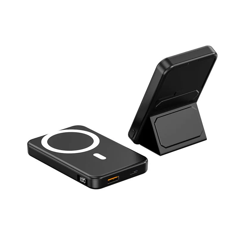 Magnetic wireless charging power bank with folding stand open, showing colour options.