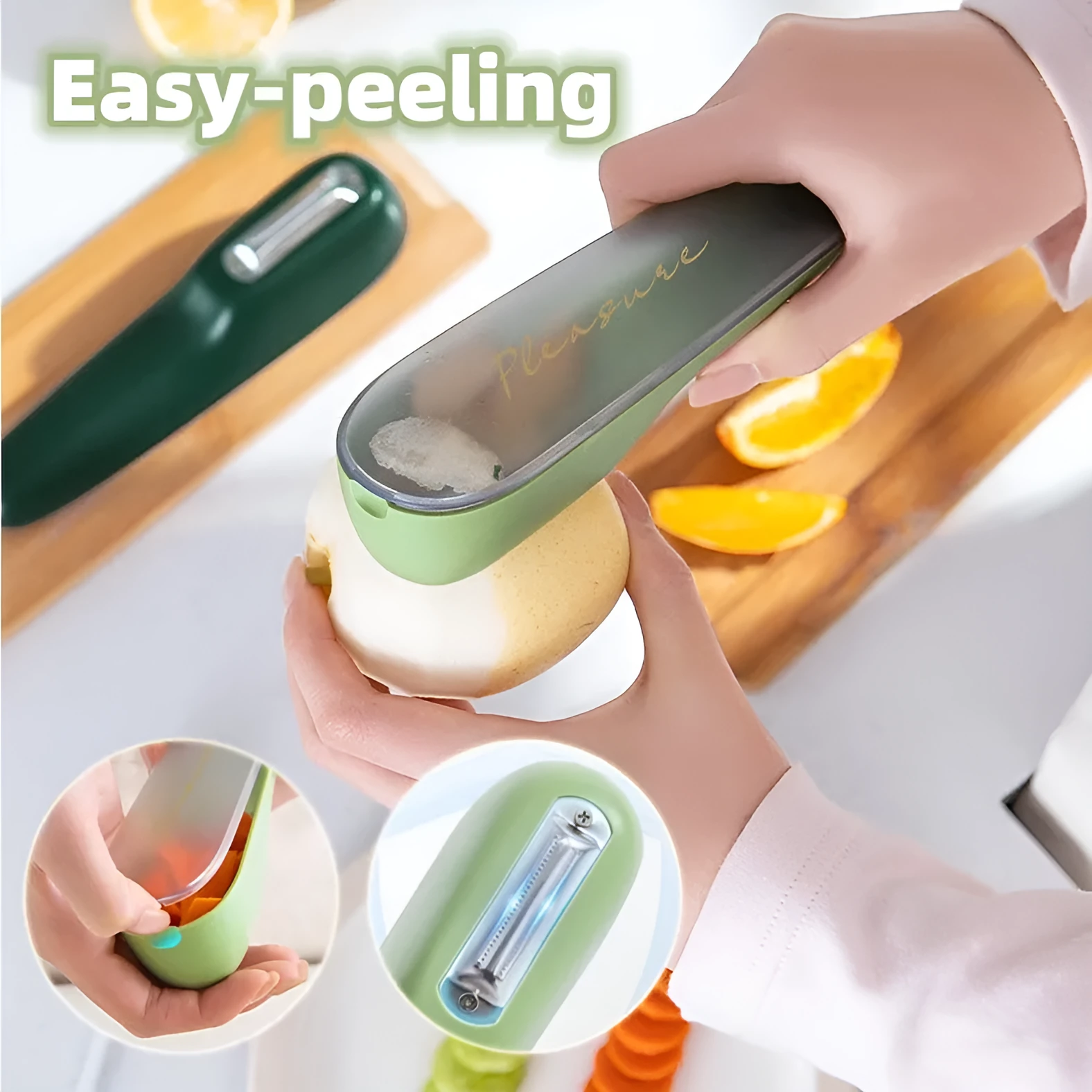 Green kitchen peeler with a stainless steel blade stored inside its transparent plastic tube.
