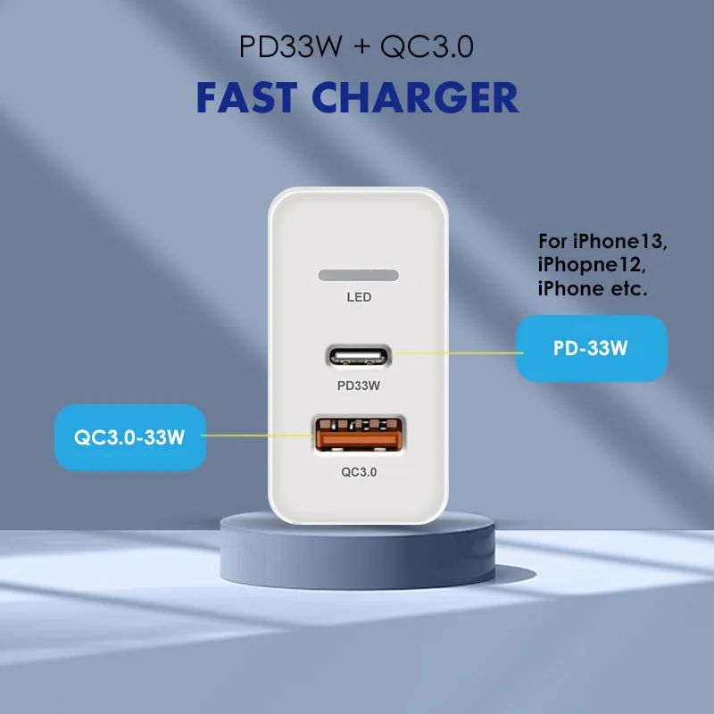 PD48W travel charger with British three-pin plug in black and white options showing compact dimensions