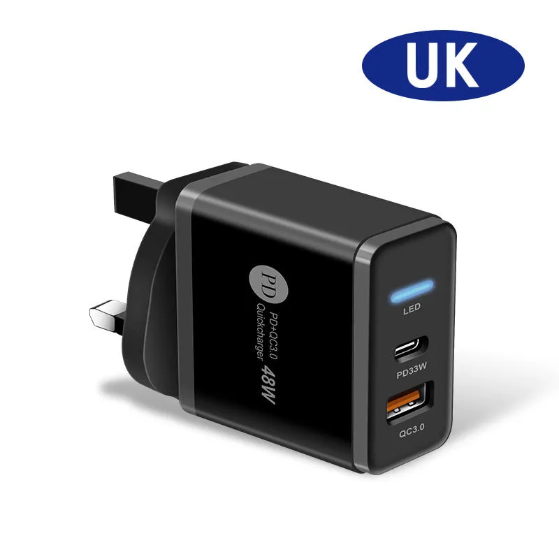 PD48W travel charger with British three-pin plug in black and white options showing compact dimensions