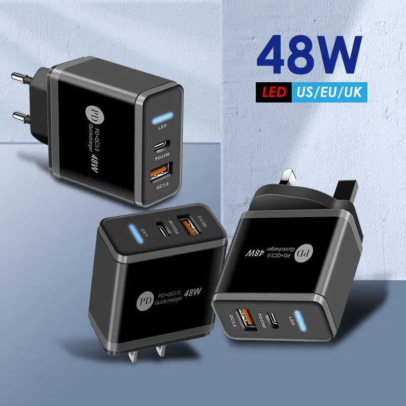 PD48W travel charger with British three-pin plug in black and white options showing compact dimensions