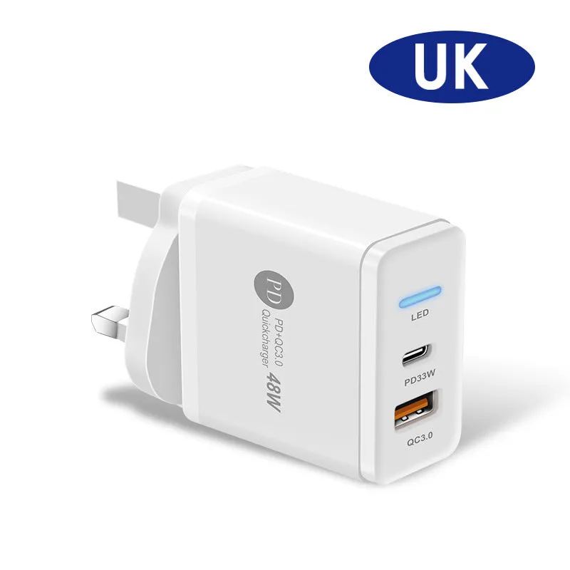 PD48W travel charger with British three-pin plug in black and white options showing compact dimensions