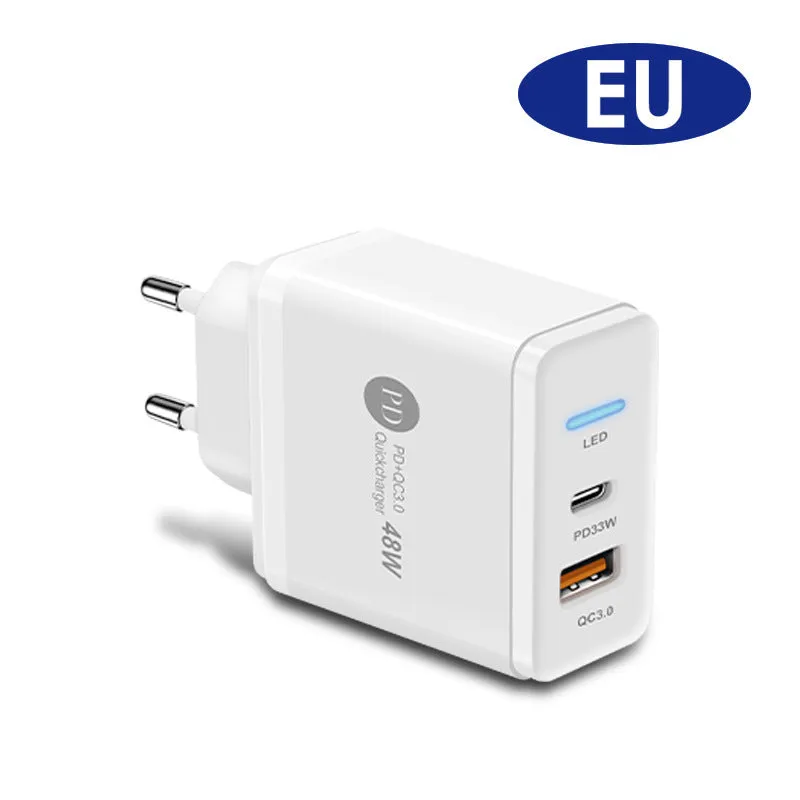 PD48W travel charger with British three-pin plug in black and white options showing compact dimensions