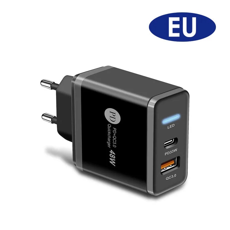 PD48W travel charger with British three-pin plug in black and white options showing compact dimensions