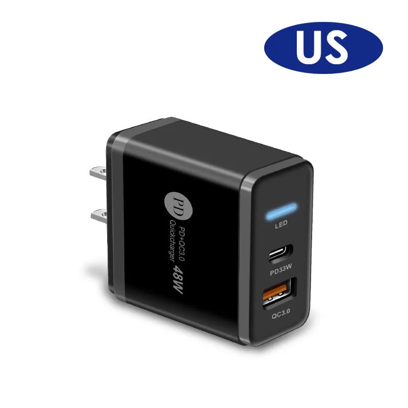 PD48W travel charger with British three-pin plug in black and white options showing compact dimensions