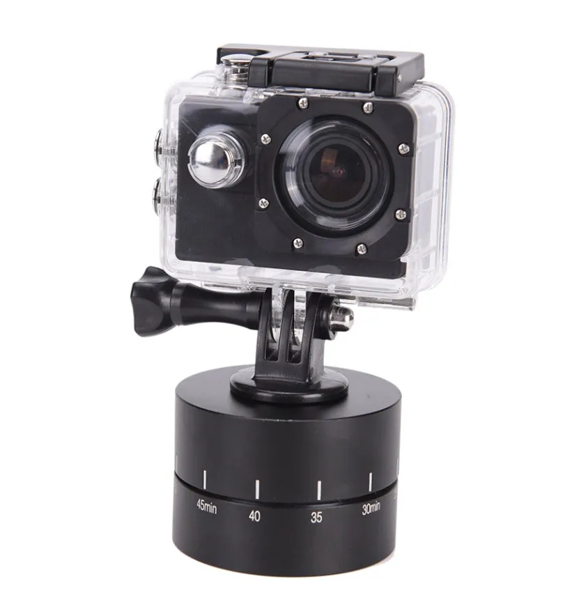 Lapse 360-degree auto rotate motorised camera tripod head on a tripod.