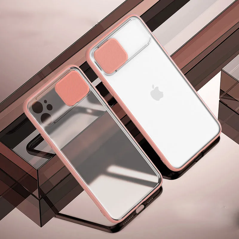 Lens sliding iPhone case in colour contrast design, showing black, green, pink, purple, and red options