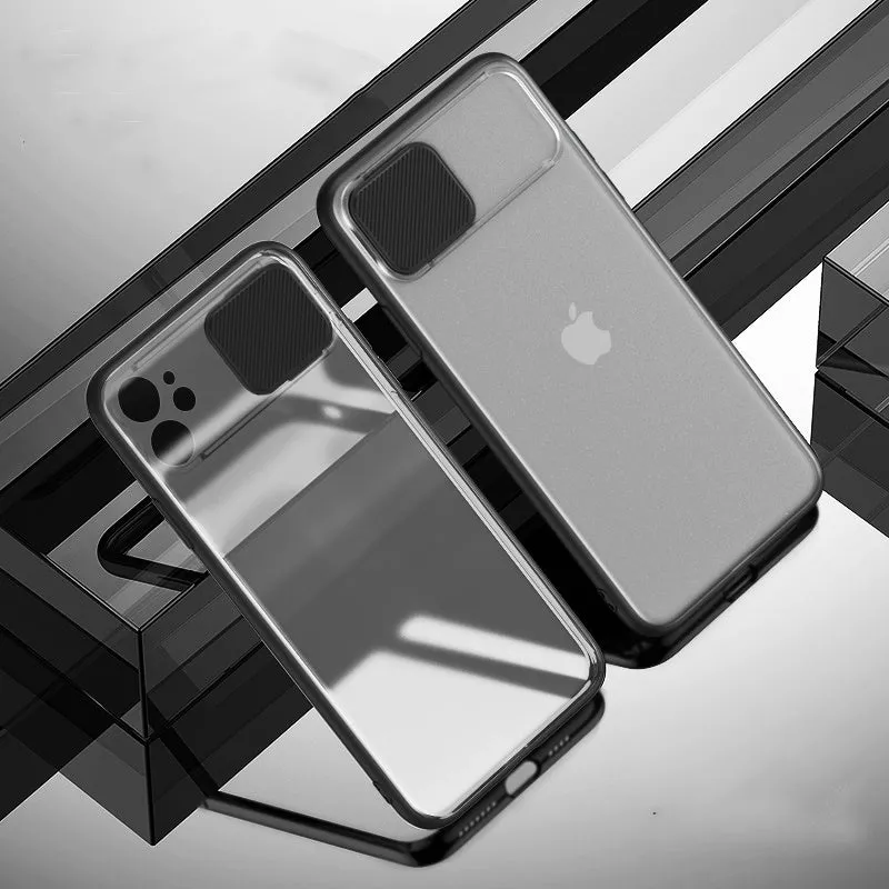 Lens sliding iPhone case in colour contrast design, showing black, green, pink, purple, and red options