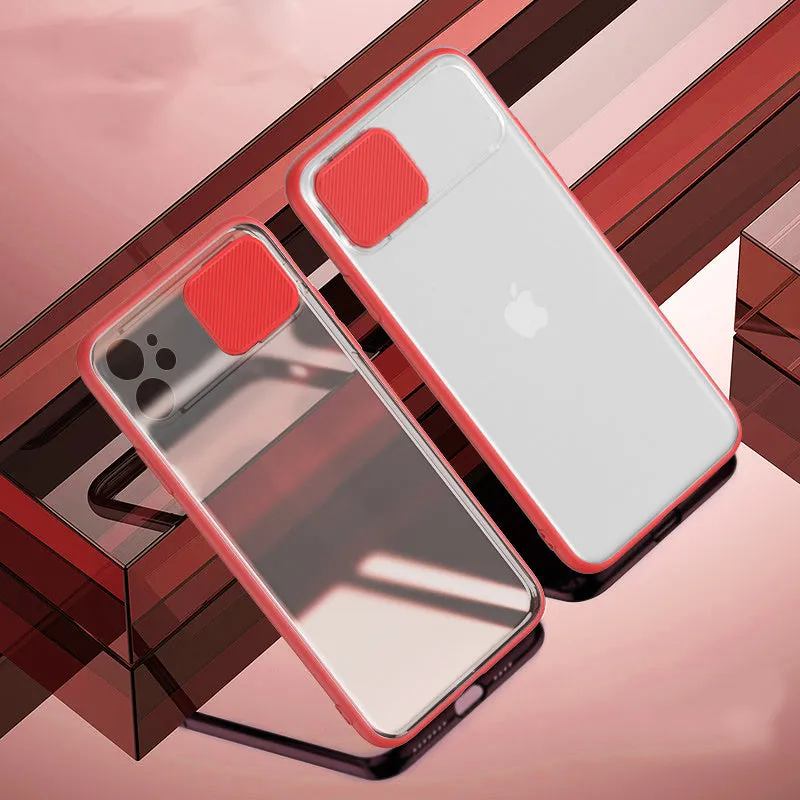 Lens sliding iPhone case in colour contrast design, showing black, green, pink, purple, and red options
