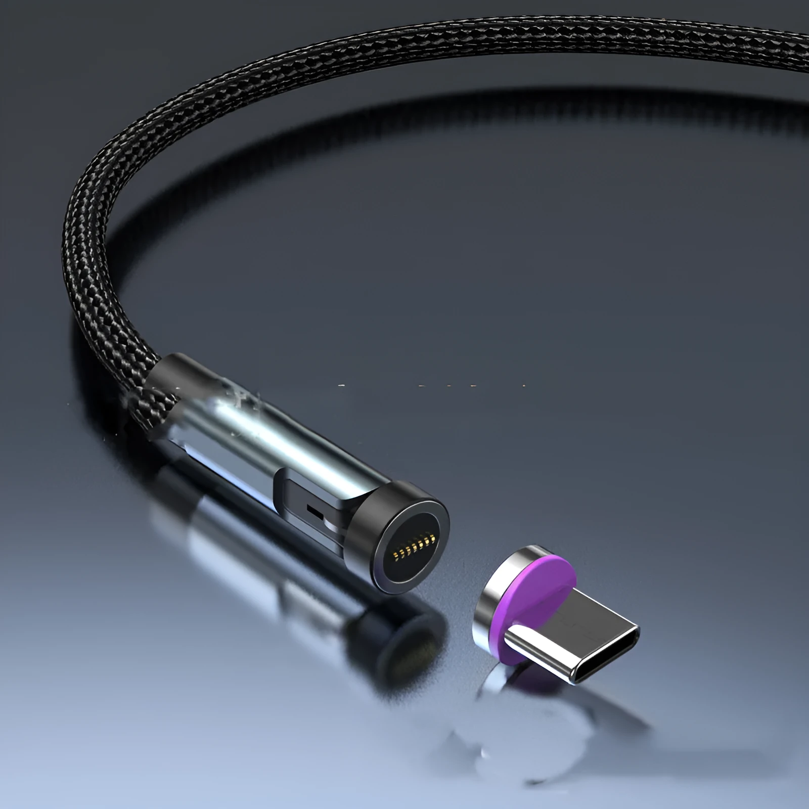 Black magnetic charging cable with rotating Apple, Android and USB-C connector heads