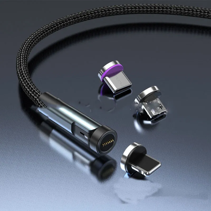 Black magnetic charging cable with rotating Apple, Android and USB-C connector heads