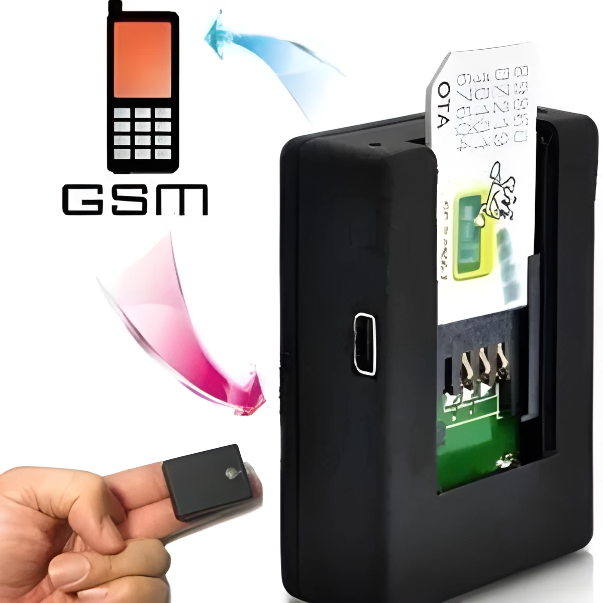Black mini car GPS tracker with SIM card slot for vehicle security and location monitoring