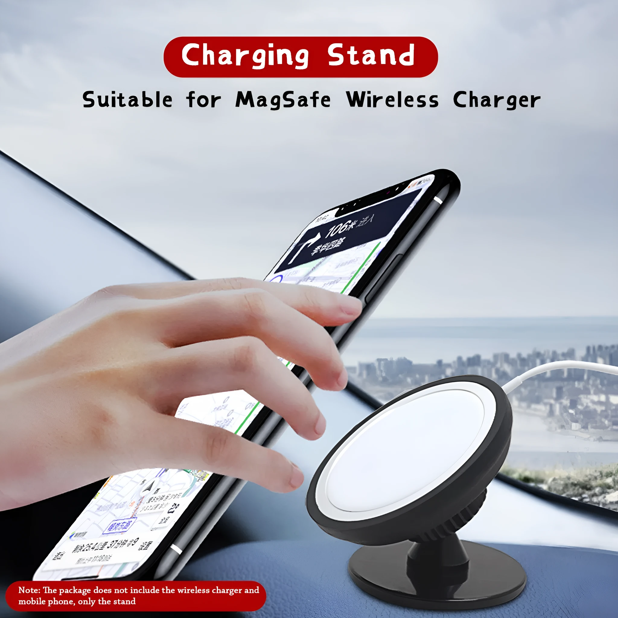 Black plastic magnetic car phone holder with dashboard and air vent mounting brackets