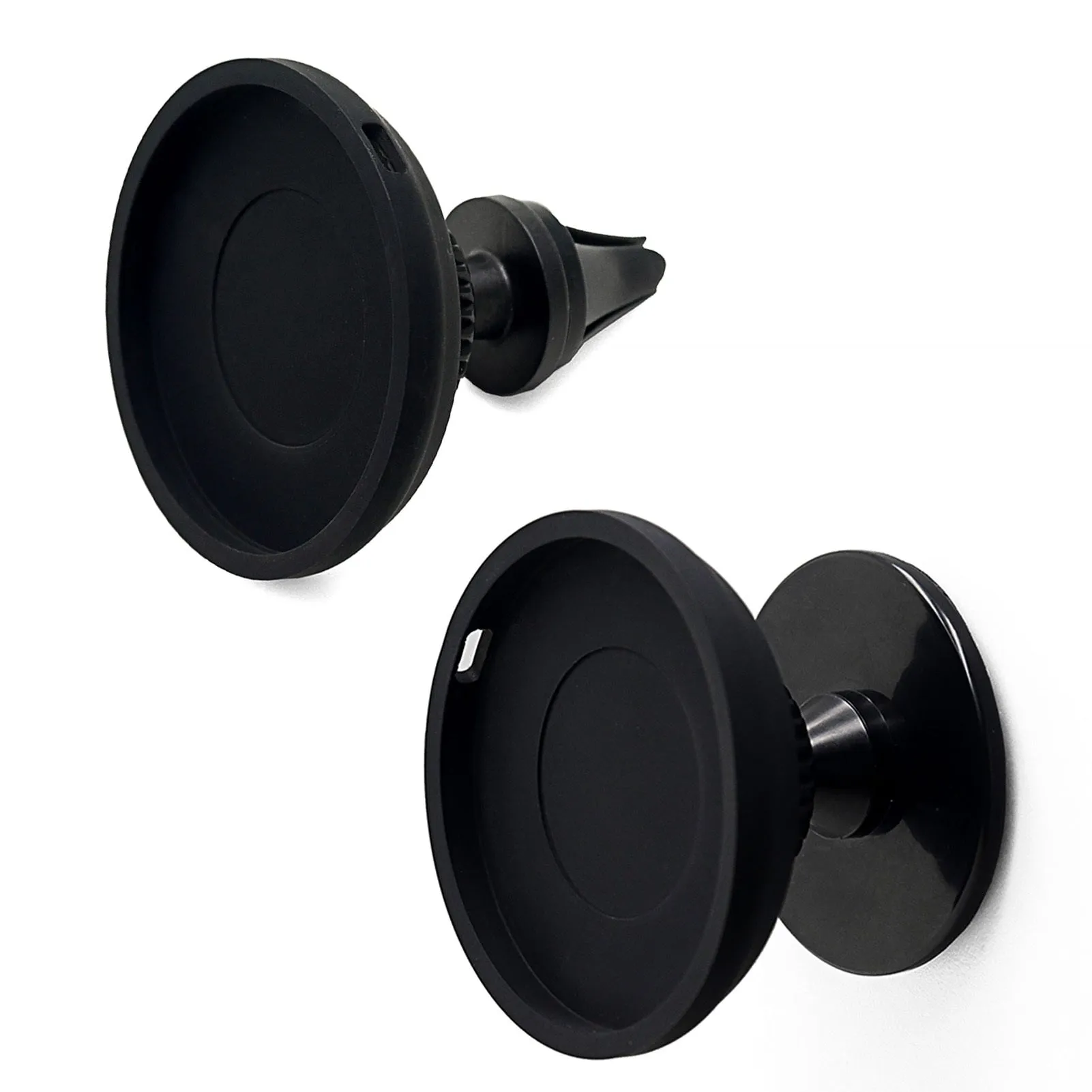 Black plastic magnetic car phone holder with dashboard and air vent mounting brackets