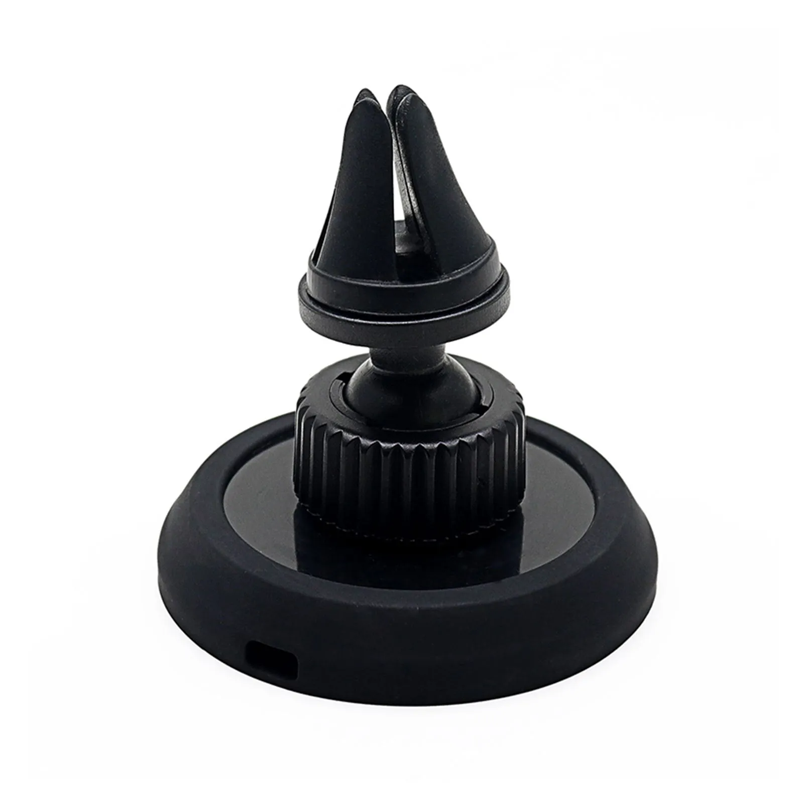 Black plastic magnetic car phone holder with dashboard and air vent mounting brackets