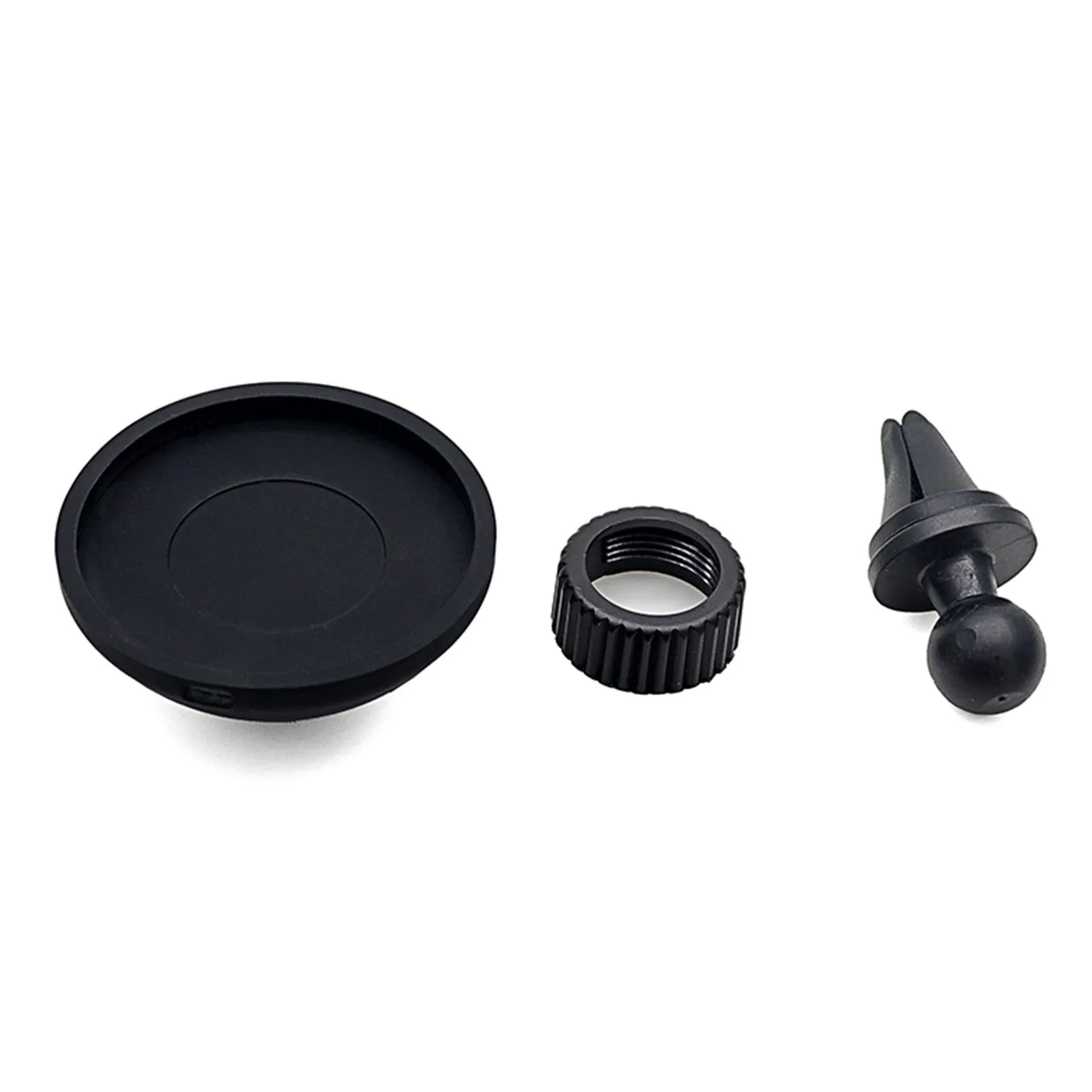 Black plastic magnetic car phone holder with dashboard and air vent mounting brackets