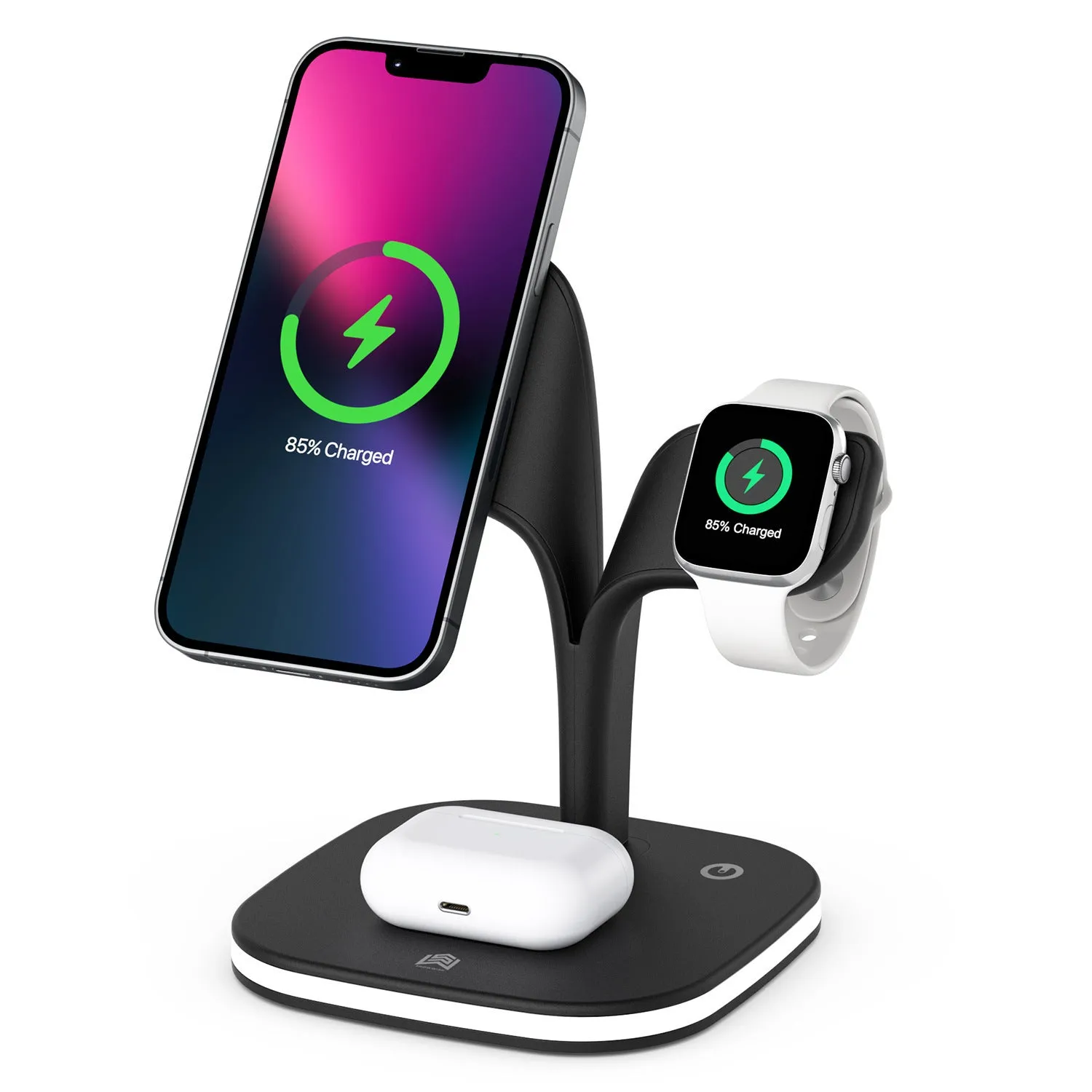 Black wireless charging station on desk with phone, watch, and headphones charging simultaneously