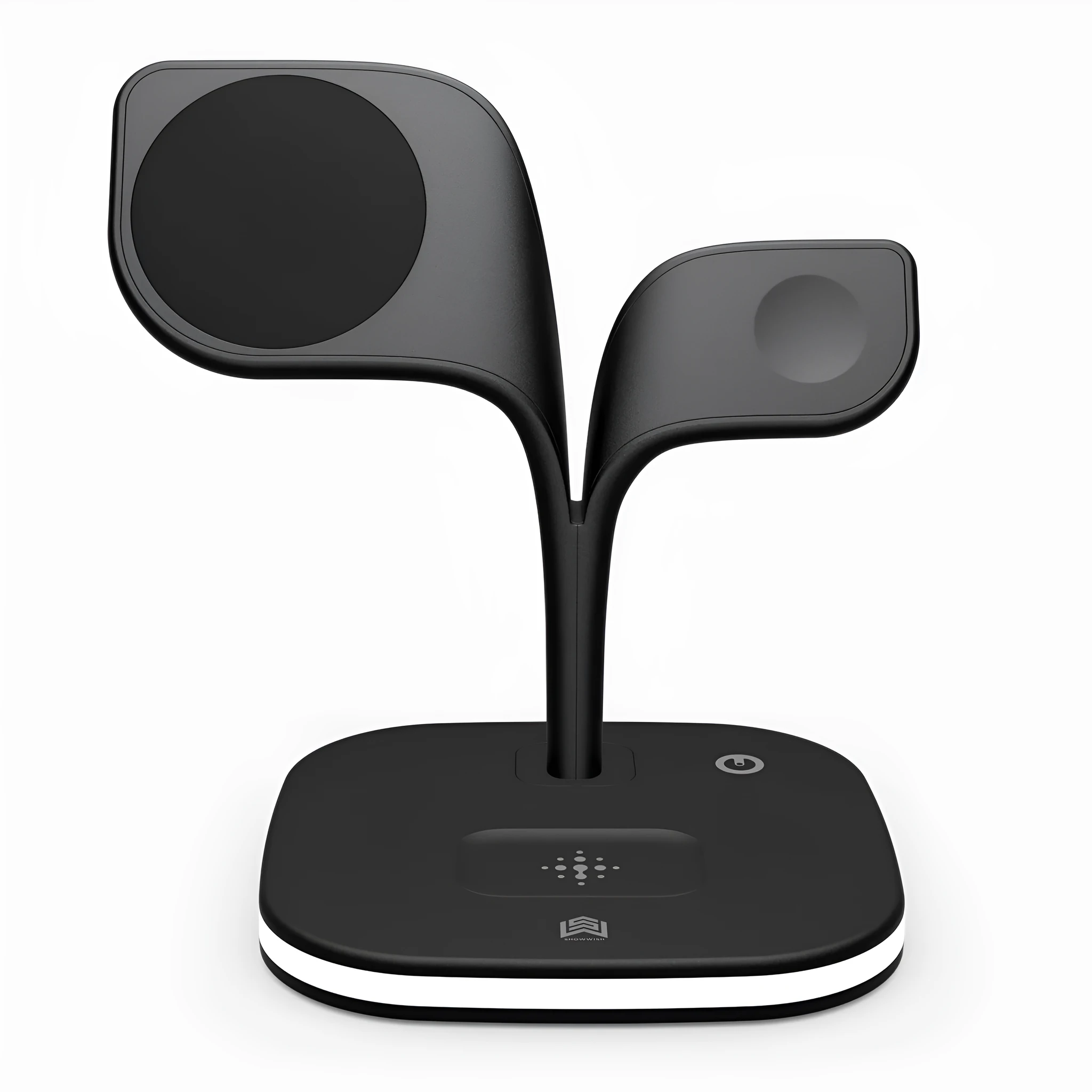 Black wireless charging station on desk with phone, watch, and headphones charging simultaneously