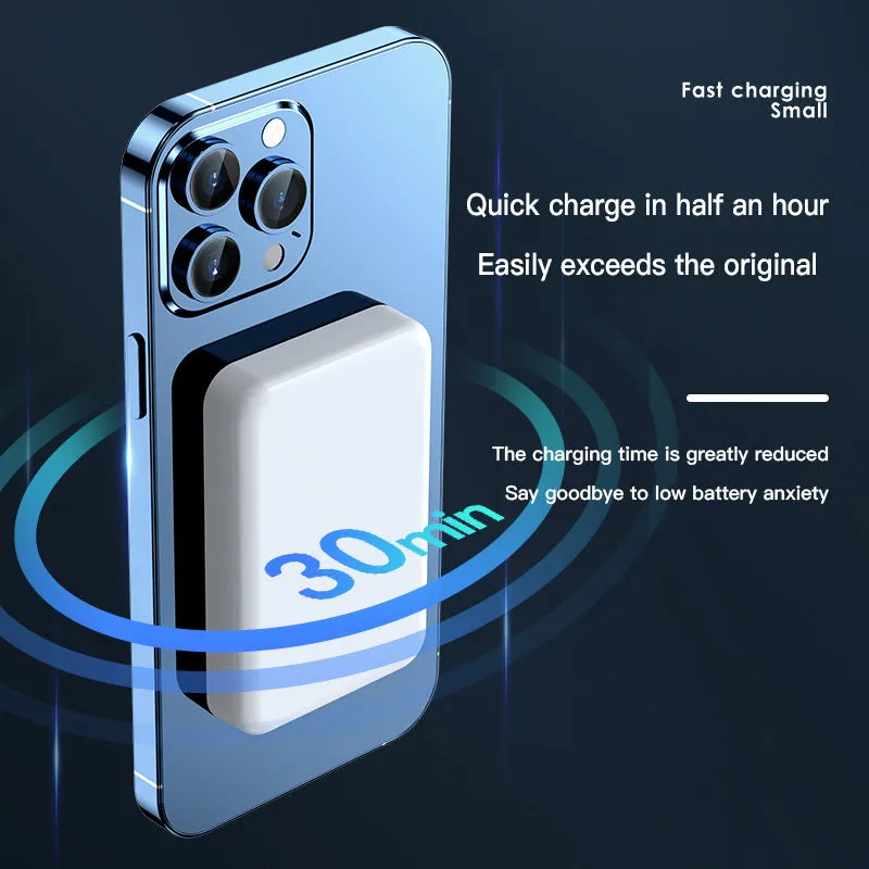 Pink wireless magnetic power bank showing dimensions and 20000mAh capacity label