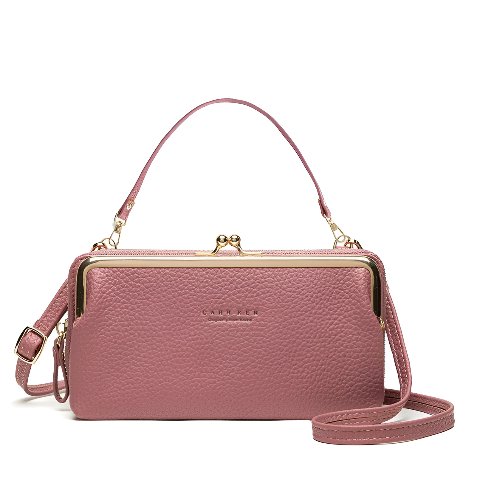 Horizontal Korean ladies messenger mini clutch in PU leather, showing zipper buckle and car suture detail.