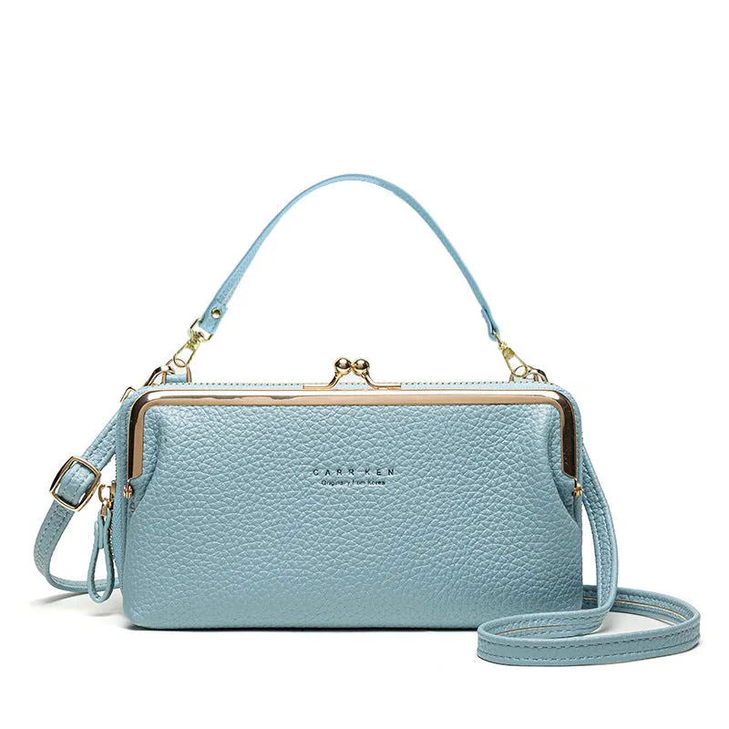 Horizontal Korean ladies messenger mini clutch in PU leather, showing zipper buckle and car suture detail.