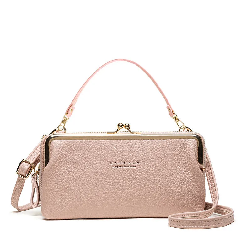 Horizontal Korean ladies messenger mini clutch in PU leather, showing zipper buckle and car suture detail.
