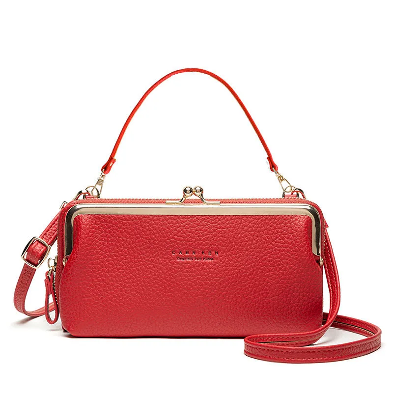 Horizontal Korean ladies messenger mini clutch in PU leather, showing zipper buckle and car suture detail.