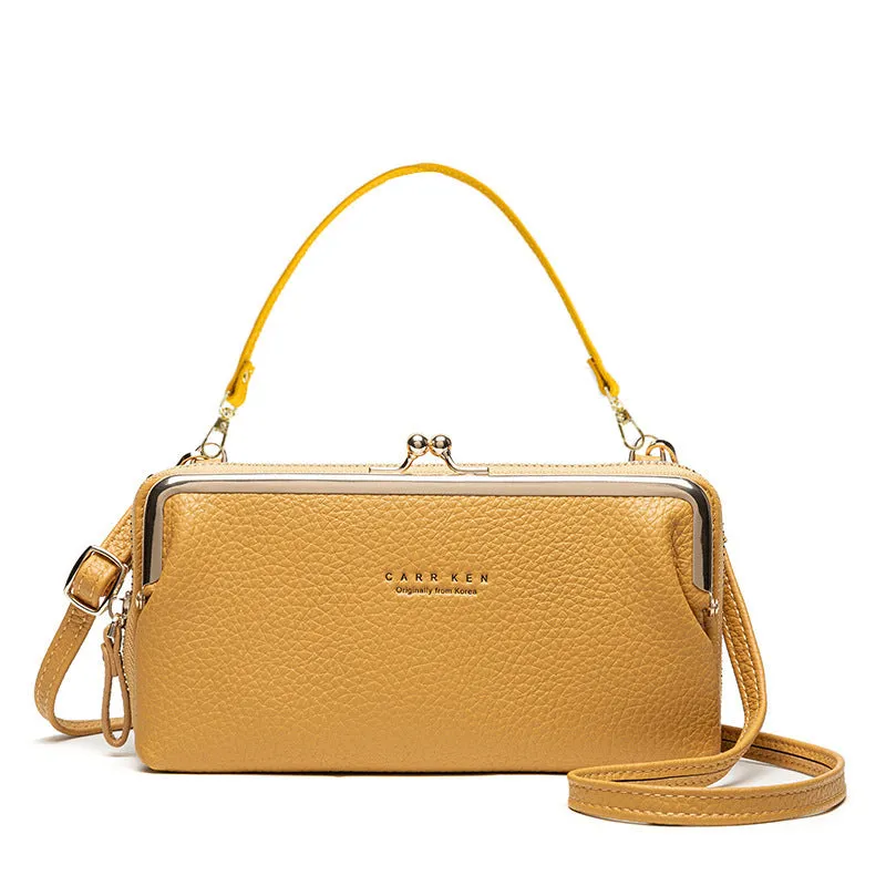 Horizontal Korean ladies messenger mini clutch in PU leather, showing zipper buckle and car suture detail.