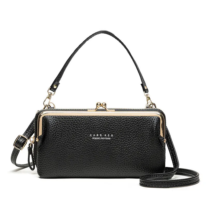 Horizontal Korean ladies messenger mini clutch in PU leather, showing zipper buckle and car suture detail.