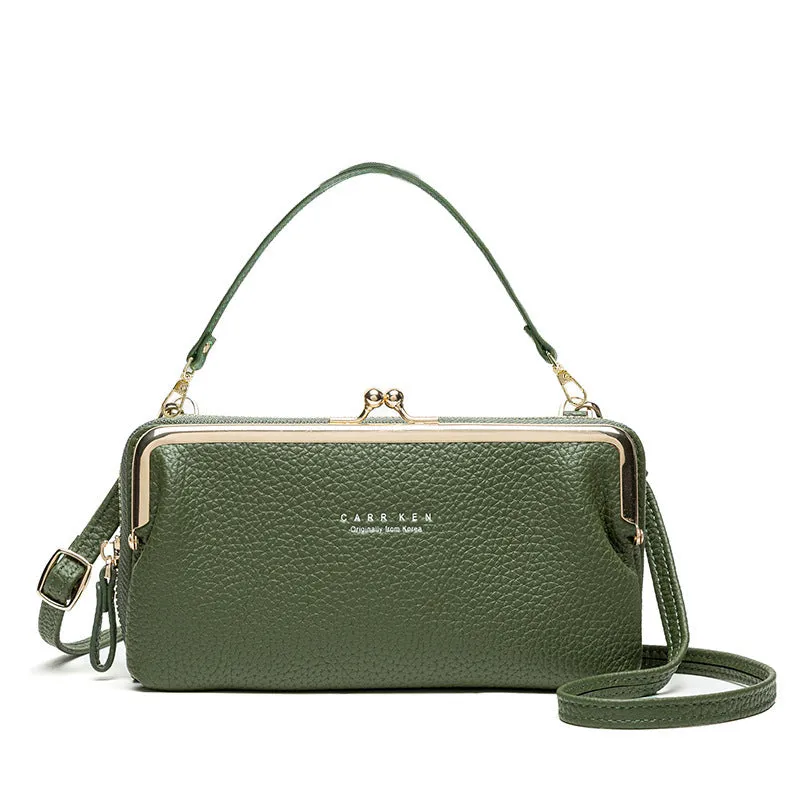 Horizontal Korean ladies messenger mini clutch in PU leather, showing zipper buckle and car suture detail.