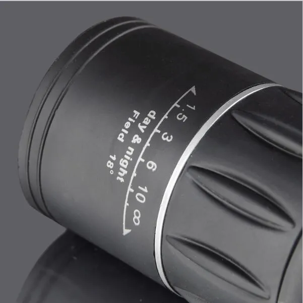 Black 16x52 monocular telescope with 52mm objective lens and green film coating for high-definition observation