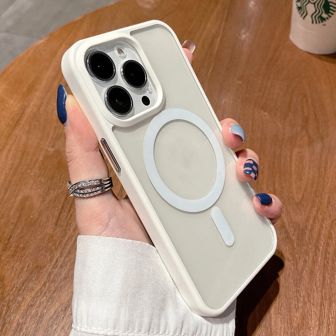 Transparent acrylic MagSafe phone case for iPhone with magnetic ring visible through clear back