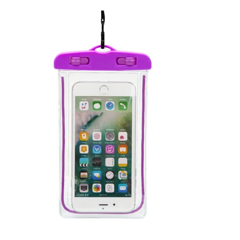 Universal waterproof luminous touch screen phone case in multiple colour options for outdoor sports.