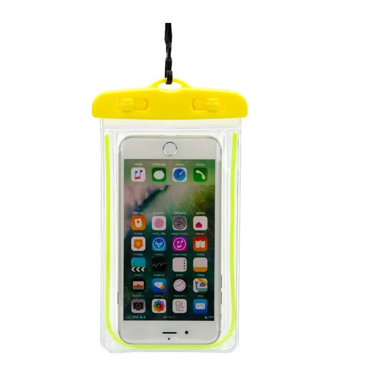 Universal waterproof luminous touch screen phone case in multiple colour options for outdoor sports.