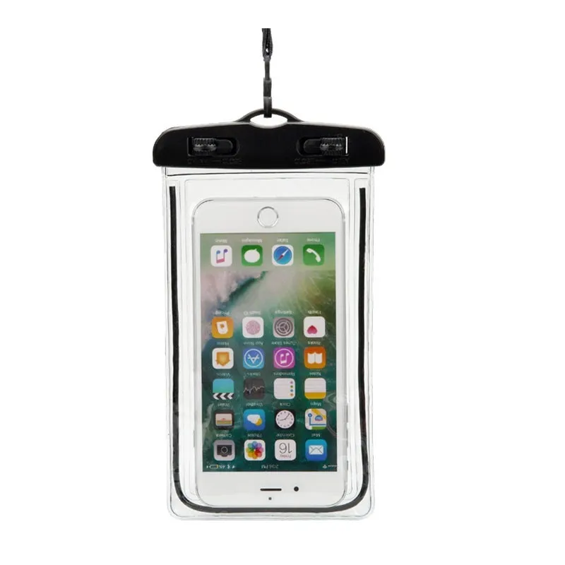 Universal waterproof luminous touch screen phone case in multiple colour options for outdoor sports.