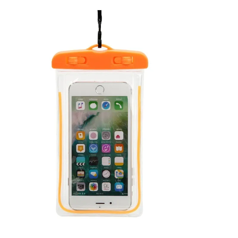 Universal waterproof luminous touch screen phone case in multiple colour options for outdoor sports.