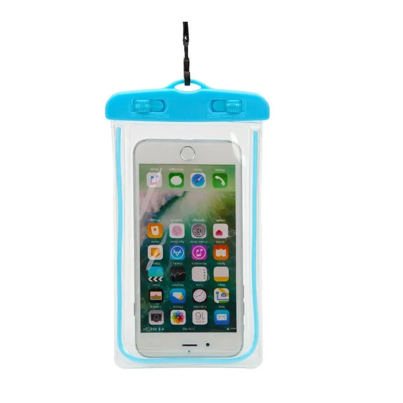 Universal waterproof luminous touch screen phone case in multiple colour options for outdoor sports.