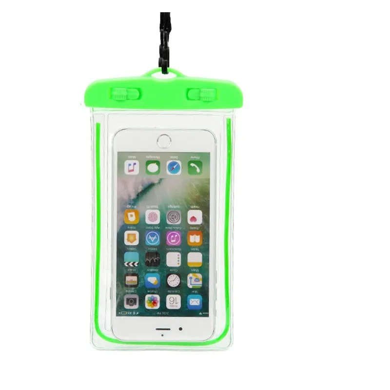 Universal waterproof luminous touch screen phone case in multiple colour options for outdoor sports.