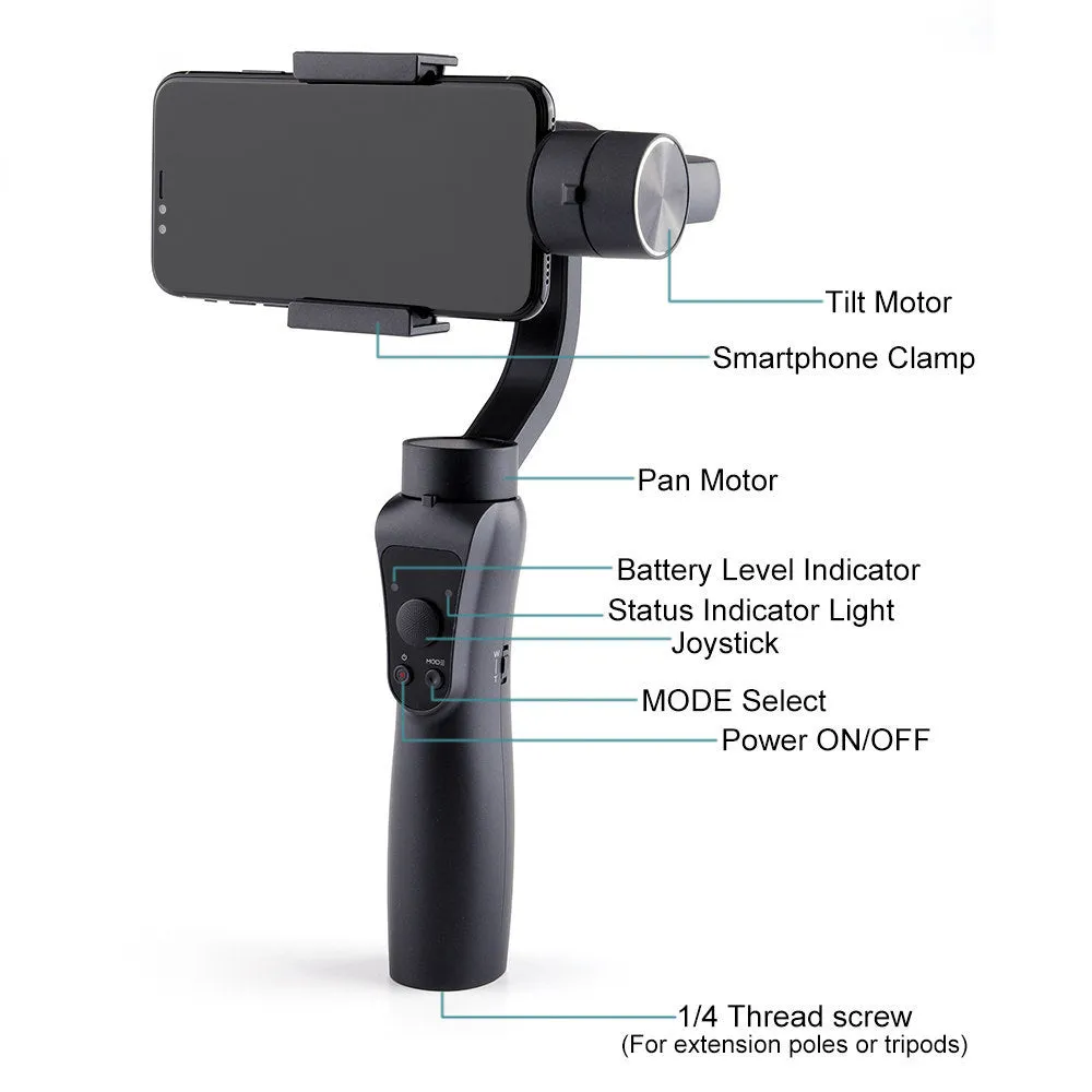 Black 3-axis handheld smartphone gimbal stabilizer showing rotation capabilities for phones below 6.5 inches