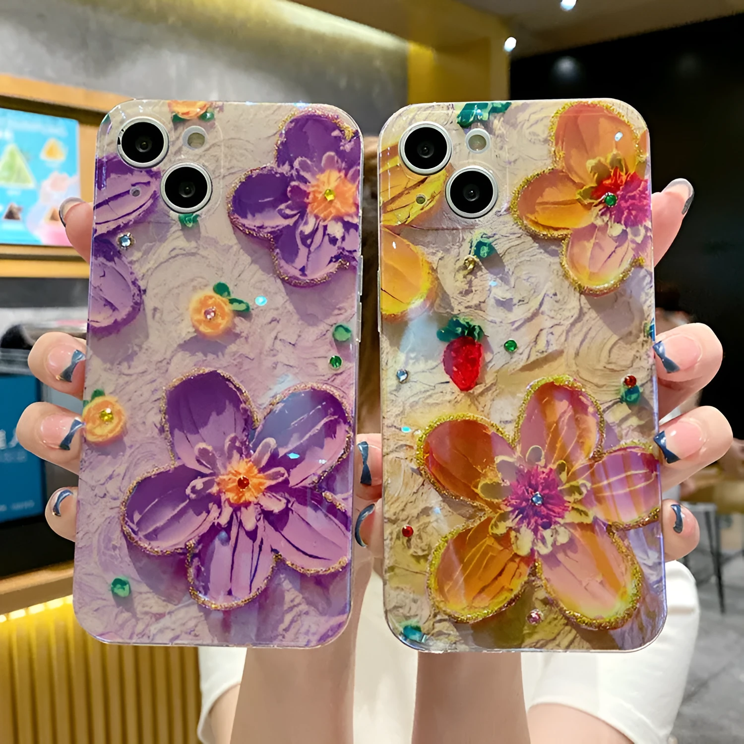 Yellow soft silicone phone case with oil painting floral design and rhinestone decorations