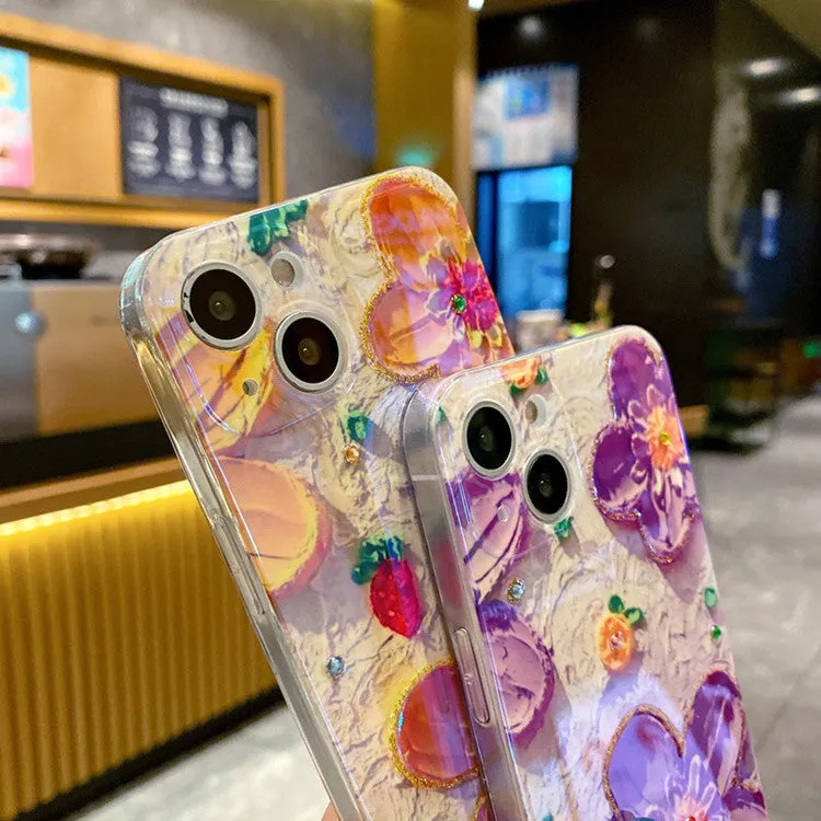 Yellow soft silicone phone case with oil painting floral design and rhinestone decorations