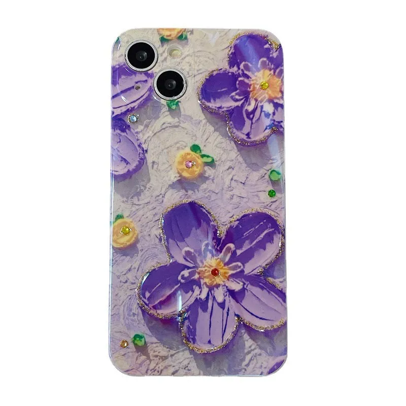 Yellow soft silicone phone case with oil painting floral design and rhinestone decorations